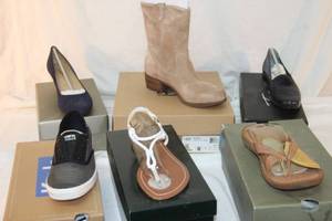 lot 518 image: (6) Pairs of Womens Shoes - Size 7-7.5 Keds Ombre Black, Ralph Lauren White Thong, Born Tan sandal, Trotters Blue Suede Heel, Ugg Tan Boot, and Trotters Navy Weave Flat