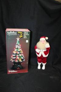 lot 105 image: Lighted Ceramic Christmas Tree and Red Velvet Santa Figurine
