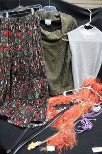 lot 252 image: Womens Clothes Holiday skirt, silver and gold sweaters, leather belts and more