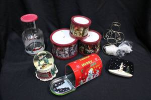 lot 254 image: Christmas home dcor plastic drum set, wire angel votive holder, musical snow globe and winter scene soap dish