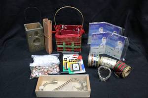 lot 268 image: Housewares Holiday basket, wooden snowman votive holder, mini silk craft flowers, and picture holders