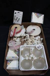 lot 137 image: White ornaments and mini silk flowers, lace ribbon and notecards
