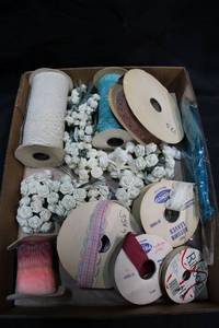 lot 139 image: Mini White silk flowers lace ribbon and trim, blue gloves