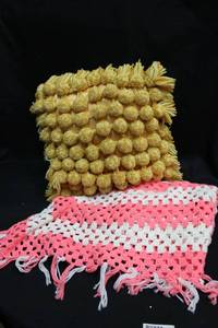 lot 140 image: Vintage silk and yarn ball pillow and crocheted blanket