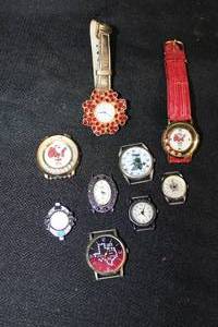 lot 150 image: Red crystal flower watch, Santa watch with red leather band, and watch faces