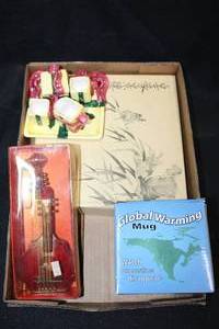 lot 111 image: housewares global warming mug, ornament, mini ceramic set, and Asian decorative plate, see pictures