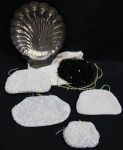 lot 113 image: Womens beaded evening clutches and purses plus silver shell tray marked Wm Rogers 896