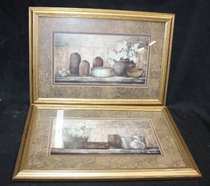 lot 118 image: Pair of framed wall art with flowers and bowls in white and brown colors and gold painted frames