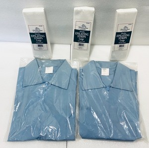 lot 46 image: Lot of 5 - New Waxing Strips & Stylists Jackets - (3) Muslin Epilating Strips - Large 100 Per Pack - White & (2) New Stylists Jackets Size 36 - Light Blue