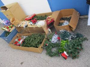lot 23 image: Large Mixed Christmas Lot, Including 3-Trees- (2-Green and 1- Cream), Stands, Toppers, Lights & Trim
