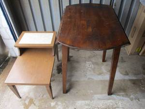 lot 53 image: 2-Tables, 1-Kitchen double sided drop leaf table and 1-End table