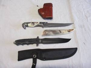 lot 63 image: 2-Knifes, And 1 Holster 1-Survivor #HK-718 Hunting Knife and 1-Eagle Head Blade Fantasy Knife, With 1-Don Hume H715 #53-145 Pistol Holster, 2 x Money