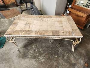lot 104 image: Tile top coffee table and matching side table with broken corner