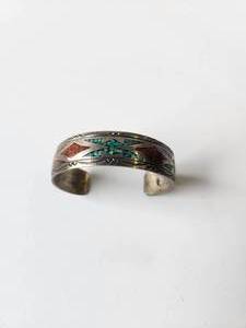 lot 244 image: Vintage Navajo crushed Turquoise & Coral inlay sterling bracelet