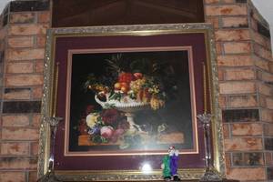 lot 5 image: Beautifully Framed Art and Crystal Candle Sticks with Gold Swirl Candles & Small Vintage Porcelain Clown