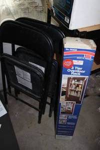 lot 41 image: Two Folding Chairs and Storage Rack