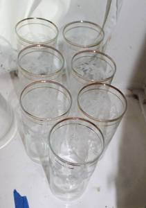 lot 46 image: Barlett & Collins Clear Glass Etched Grapes and Leave Water with Gold Rim