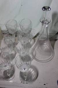 lot 47 image: 6 Vintage Crystal Wine Glasses and Clear Decanter