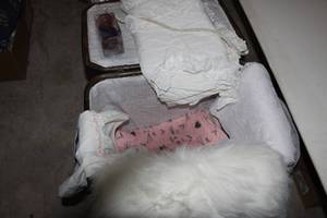 lot 104 image: Mixed Linen Lot, White Faux Fur Rug, Curtain Toppers, Curtains, Table Cloth, and more