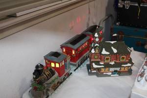 lot 190 image: Vintage Studio 56 Hand Painted Porcelain Christmas Village Pieces, Train with Lights and Village Station (no Lights)