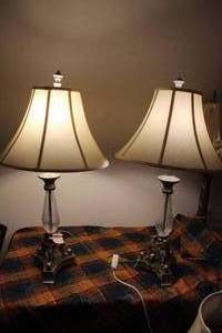 lot 331 image: Set of 2 Table Lamps & Shades Clear Glass Middle, Very Nice