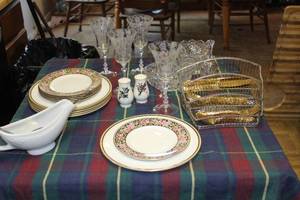 lot 338 image: Dinner Set, Plates, Crystal Etched Wine Glasses Salt and pepper Shakers, Silver wear Crystal Serving Dishes and Gravy Boat