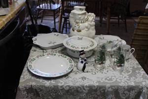 lot 339 image: Christmas Dishes, Cookie Jar, Gravy Boat, Serving platters and Bowls Glasses, Creamer and Sugar