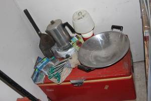 lot 166 image: Vintage Camping Gear.  Vintage Coleman Ice Chest, Coleman Lantern, Single Electric Burner, Percolator, and much more, see pictures
