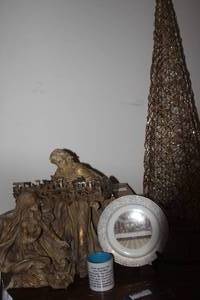 lot 172 image: Large Ceramic Nativity Scene, Wall Plaque, The Last Supper plate, Serinity Prayer Cup, and Large Wicker Christmas Tree