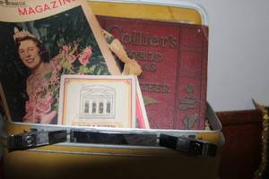 lot 260 image: Vintage Samsonite Train Case and Vintage 1955 Newspaper of world Events along with a 1938 Colliers World Atlas