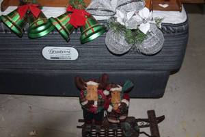 lot 236 image: Christmas Home decor Silver Plastic Bells and Stuffed Moose Dressed for Ice Skating, Very Cute