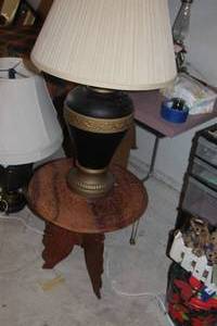 lot 330 image: Small Round Engraved Table and Lamp