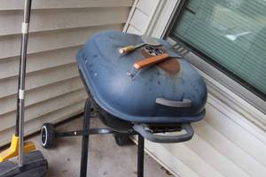 lot 420 image: BBQ Grill, Wind Chimes, Broom and Dustpan, and Wall Hanger, BBQ Utensils