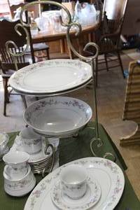 lot 379 image: Lynns Fine China 2 Plates 8 Saucers 3 Cups, Sugar Bowl, Oval Platter, Round Serving Bowl, with Lovely Sand and Table linen as pictured