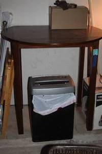 lot 173 image: Wood Table with Fold Down Sides, Matching Stools in 187 & Follows 12 Sheet Paper Shredder, Does Credit Cards and CDs Cross CutsWorks