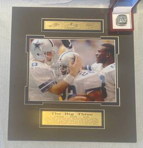 lot 21 image: The Big Three matted and Laser etched signatures & Replica Troy Aikman World Championship Super Bowl Ring