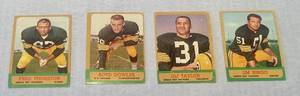 lot 22 image: Vintage Green bay Packers Topps Football 1963 Fred Thurston #90 1963 Boyd Dowler #88, 1963 Jim Taylor #87 & 1963 Jim Ringo #91