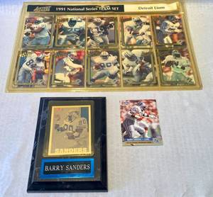 lot 35 image: Barry Sanders - Detroit Lions plaque with card, Pro-set Card and Action Packed 1991 Natl Series Team Set