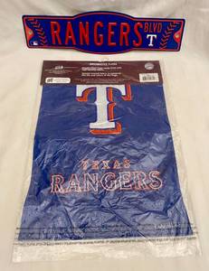 lot 122 image: MLB Texas Rangers Plastic Street Sign 17 x 4.5 & Decorative Team Flag unopened package