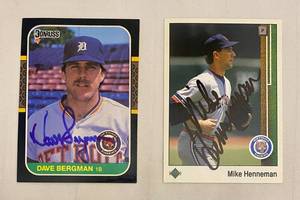 lot 124 image: Donruss 1987 Dave Bergman Autographed #420 1989 Upper Deck Mike Henneman Autographed Card #373