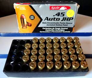 lot 51 image: AGUILA .45 AUTO JHP 185 GRAIN AMMUNITION - 38 ROUNDS TOTAL