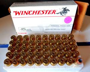lot 52 image: WINCHESTER 45 AUTO 230 GRAIN HOLLOW POINT AMMUNITION - FULL BOX 50 ROUNDS