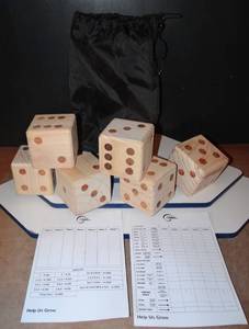 lot 100 image: OVERSIZED HAND CARVED 4X4 YATSEE DI - SET OF 6 WITH BAG AND SCORE SHEETS
