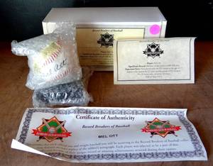 lot 105 image: AUTHENTIC REPLICA - MEL OTT SIGNED BASEBALL WITH COAS AND DISPLAY STAND  $$