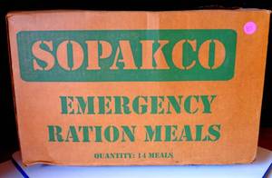 lot 187 image: FULL CASE OF 14 MREs - Sopakco Low Sodium MRE Ration Emergency Camping Prepper Case