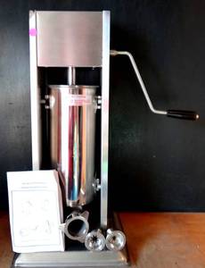 lot 208 image: Manual Sausage Stuffer Maker 3L Capacity Two Speed Vertical Meat Filler Stainless Steel with 2 Stuffing Nozzles, Commercial and Home Use