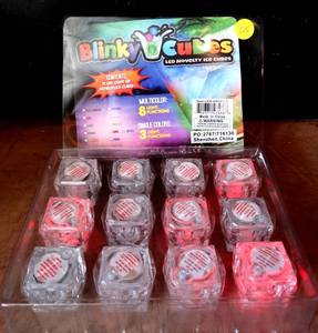 lot 225 image: BLINKY CUBES - SET OF 12 RED FLASHING NOVELTY ICE CUBES (WATERPROOF)