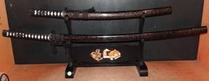 lot 265 image: AWESOME SAMARAI SWORD PAIR WITH DISPLAY STAND - MADE IN JAPAN $$$