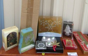 lot 20 image: Christmas tree nib green 3ft tall, keepsake ornament, tiny ornaments, the Christmas keys and more