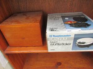 lot 21 image: toastmaster platinum Belgian waffle baker, brown wooden recipe box